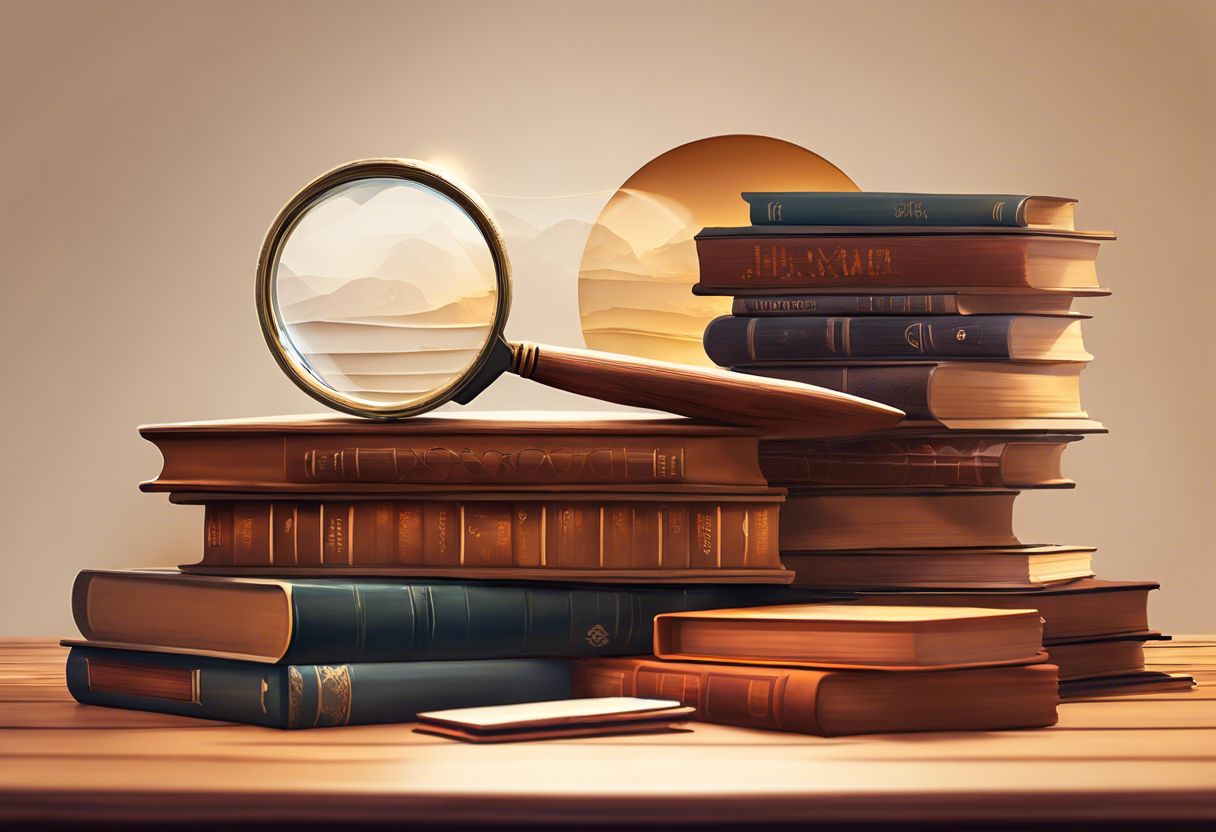 A stack of books with a magnifying glass on top in a cozy library setting.
