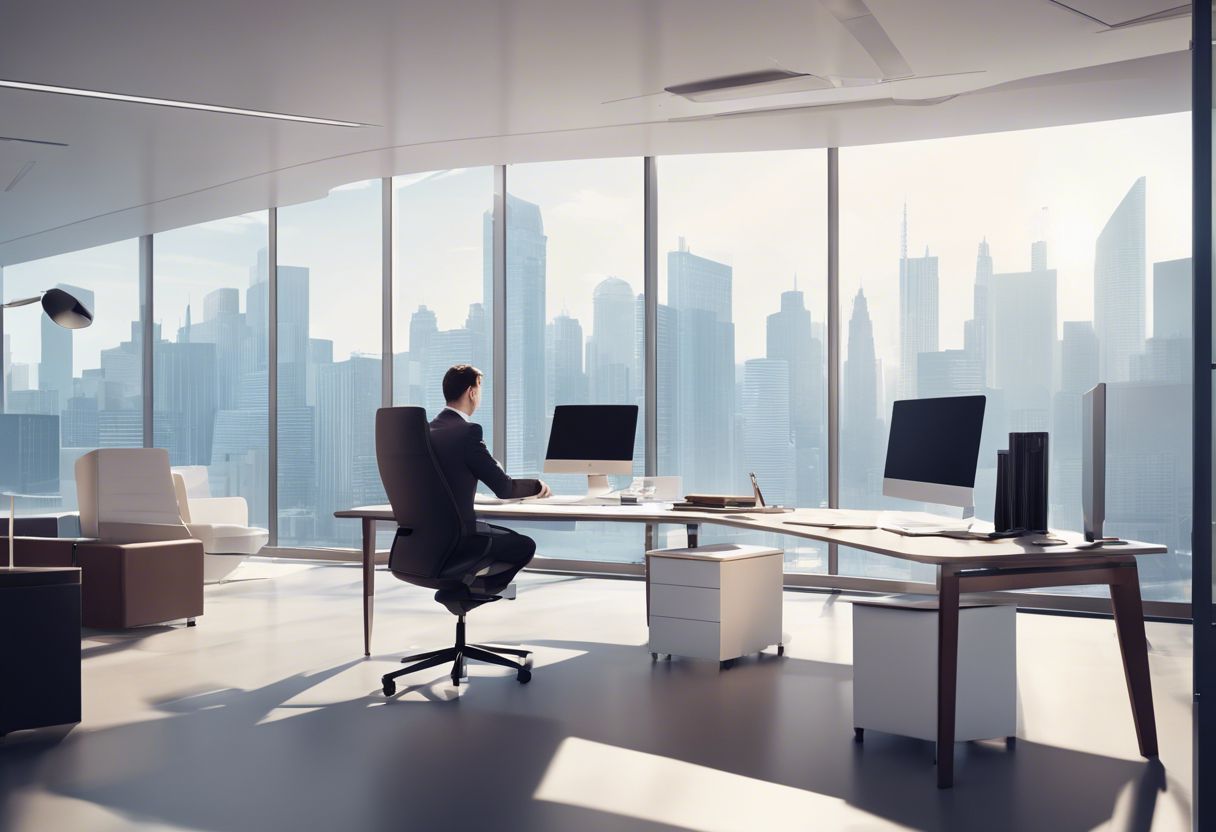 A professional working in a modern office with a cityscape background, surrounded by clean design.