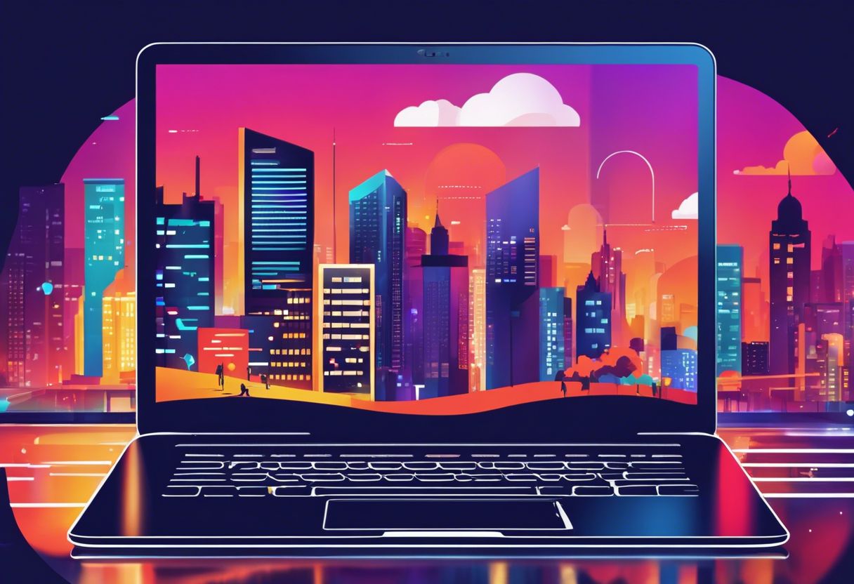 A laptop screen displaying a fast-loading website with a vibrant cityscape reflection.