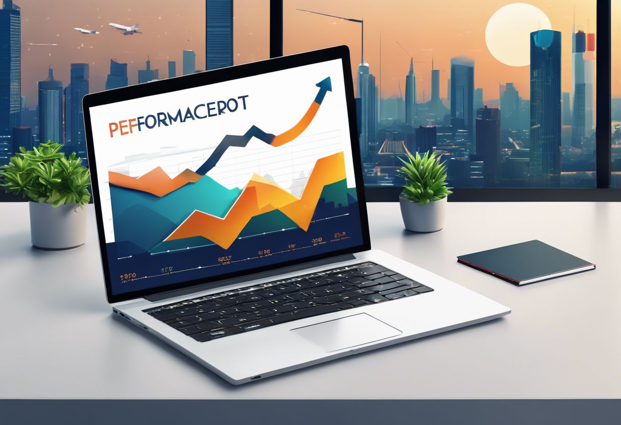 A website performance report displayed on sleek laptop with cityscape background.