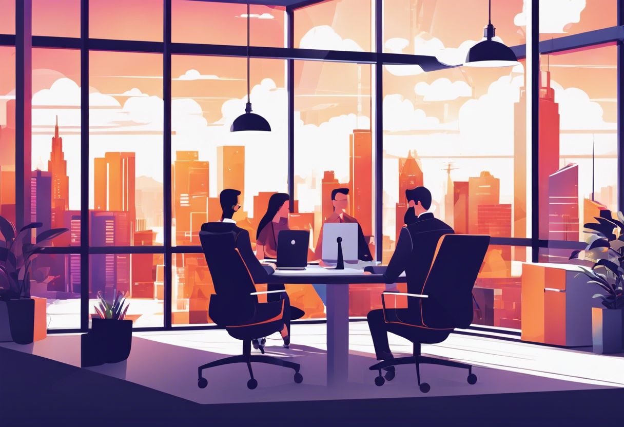 A team of developers collaborating in a modern office space, overlooking a cityscape, emphasizing teamwork and innovation.