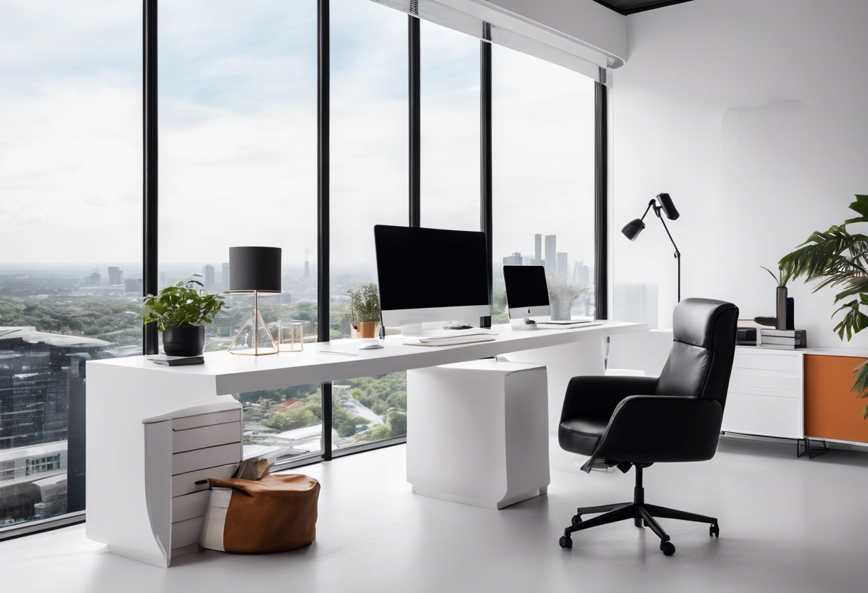 A modern office workspace with sleek furniture, cityscape photography, and a sense of productivity and creativity.