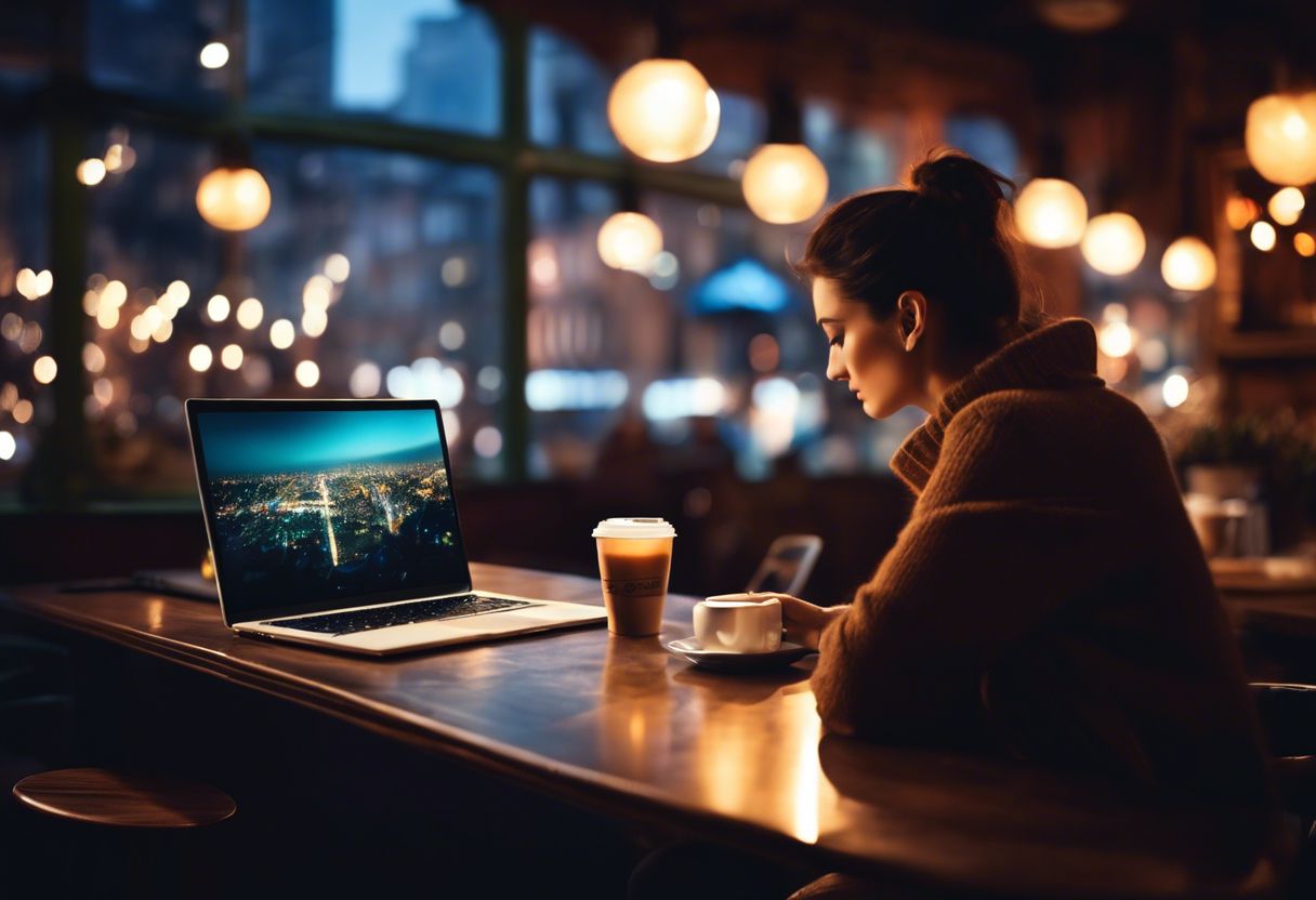 A person working on a laptop in a cozy coffee shop with a cityscape outside.
