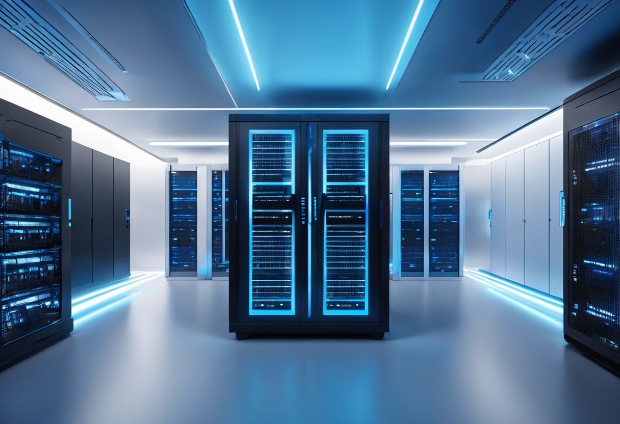 A modern server room with sleek, futuristic servers in a minimalistic, high-tech layout.