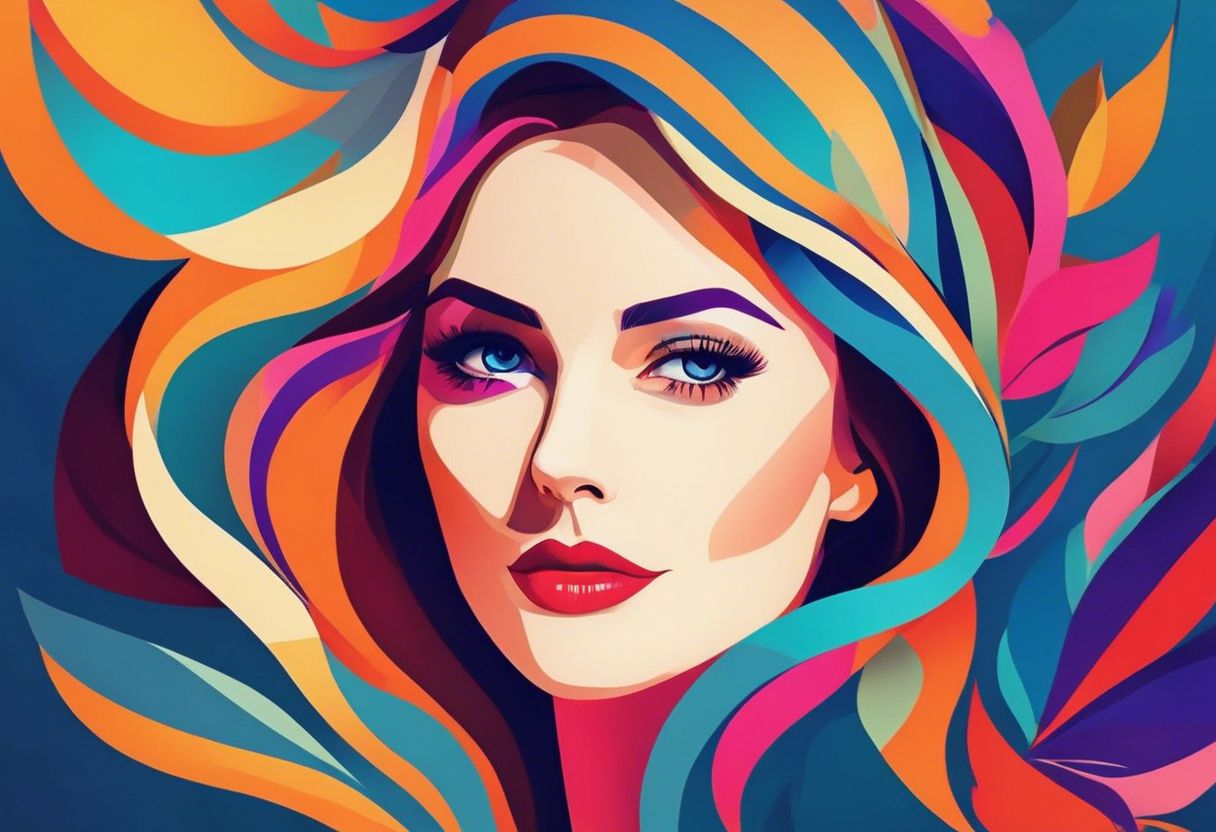 A confident woman surrounded by vibrant colors, expressing emotions through facial expressions.