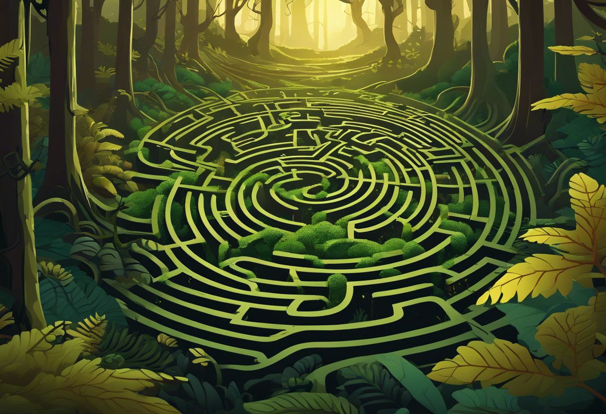 A flat design of a tangled forest maze with twisting vines and hidden paths.