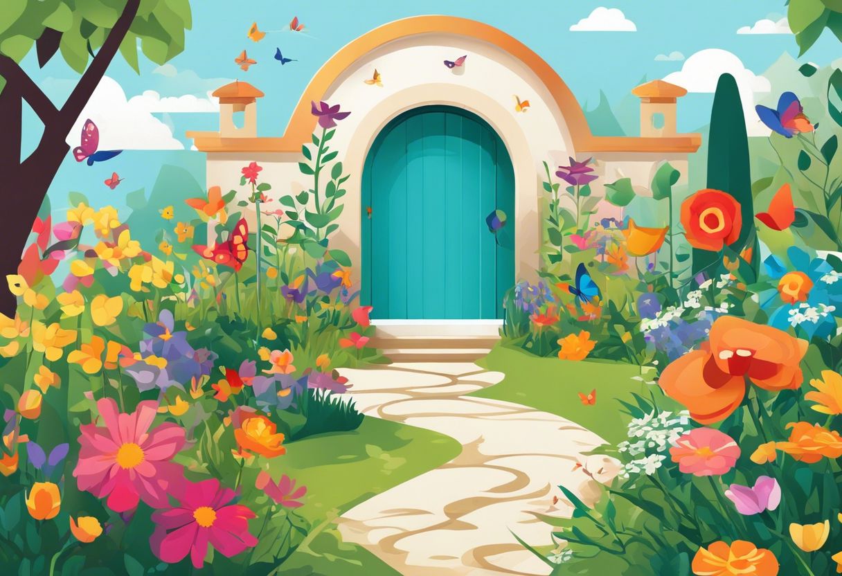 A vibrant garden with flowers, birds, and butterflies surrounding a winding path and a hidden doorway.
