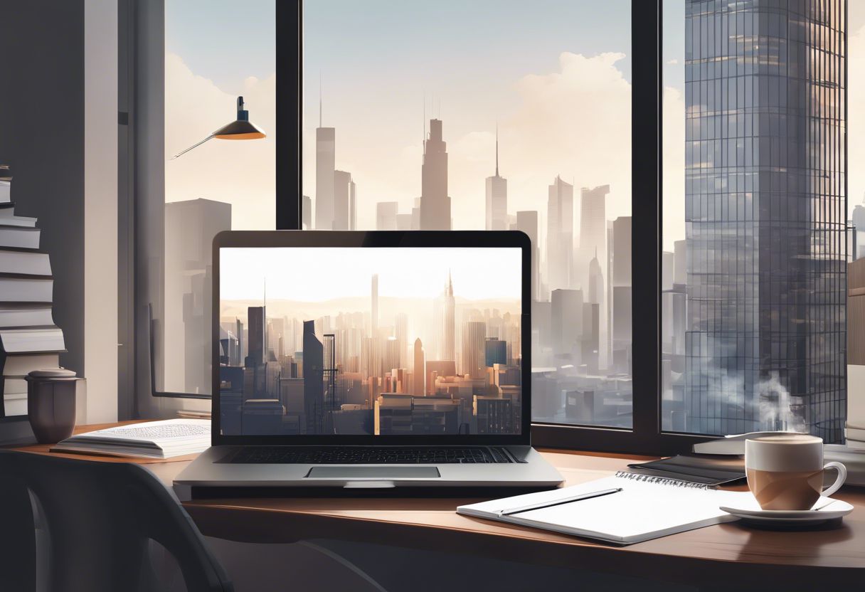 A modern and elegant workspace with a laptop, notepad, and a city view through the window.