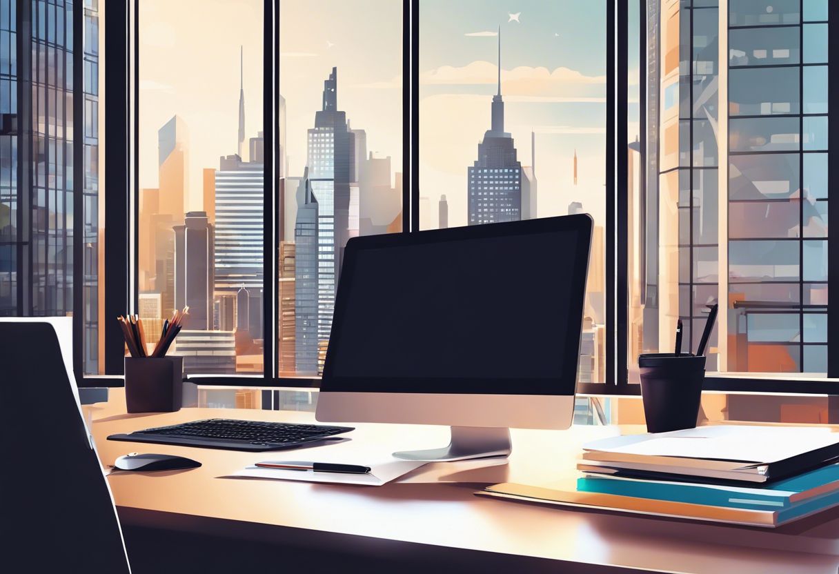A neat and organized workspace with laptop and packages, cityscape in background, conveys productivity and creativity.