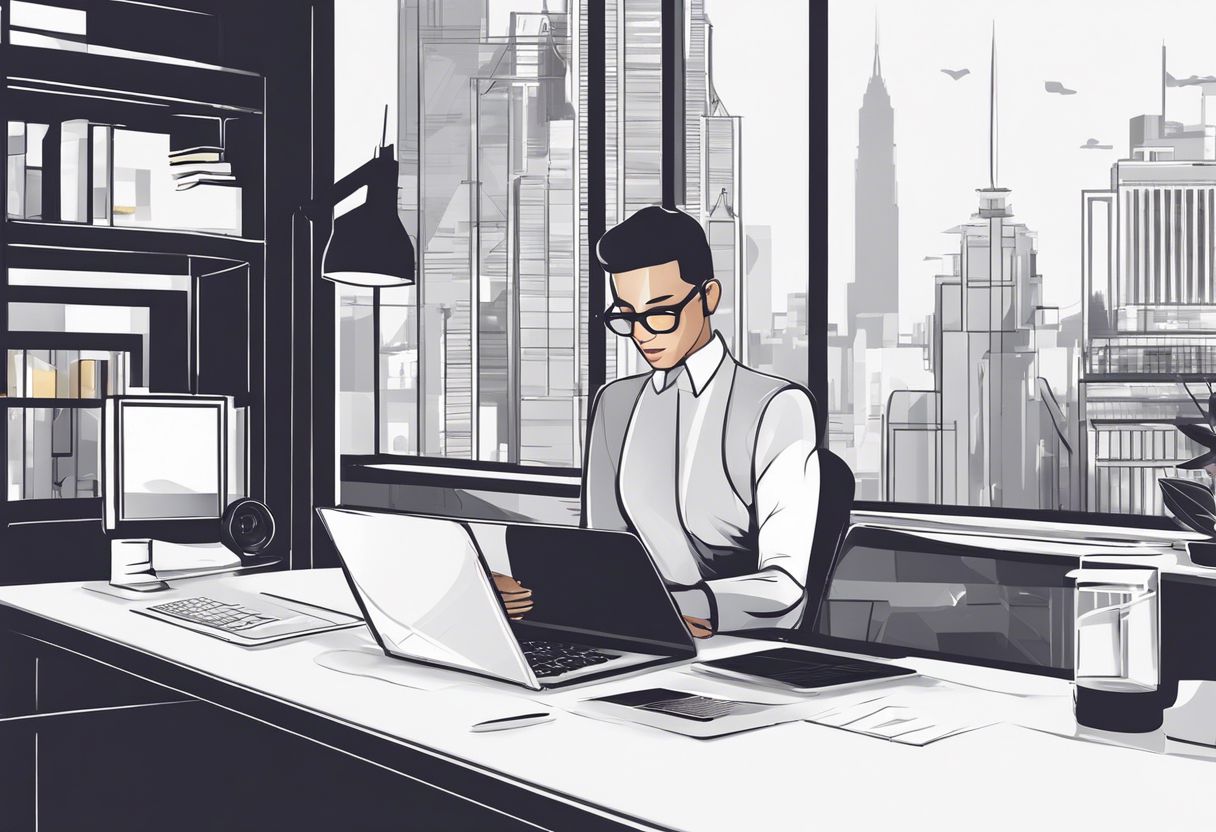 A graphic designer working on a sleek laptop in a well-designed, professional workspace with cityscape reflections.