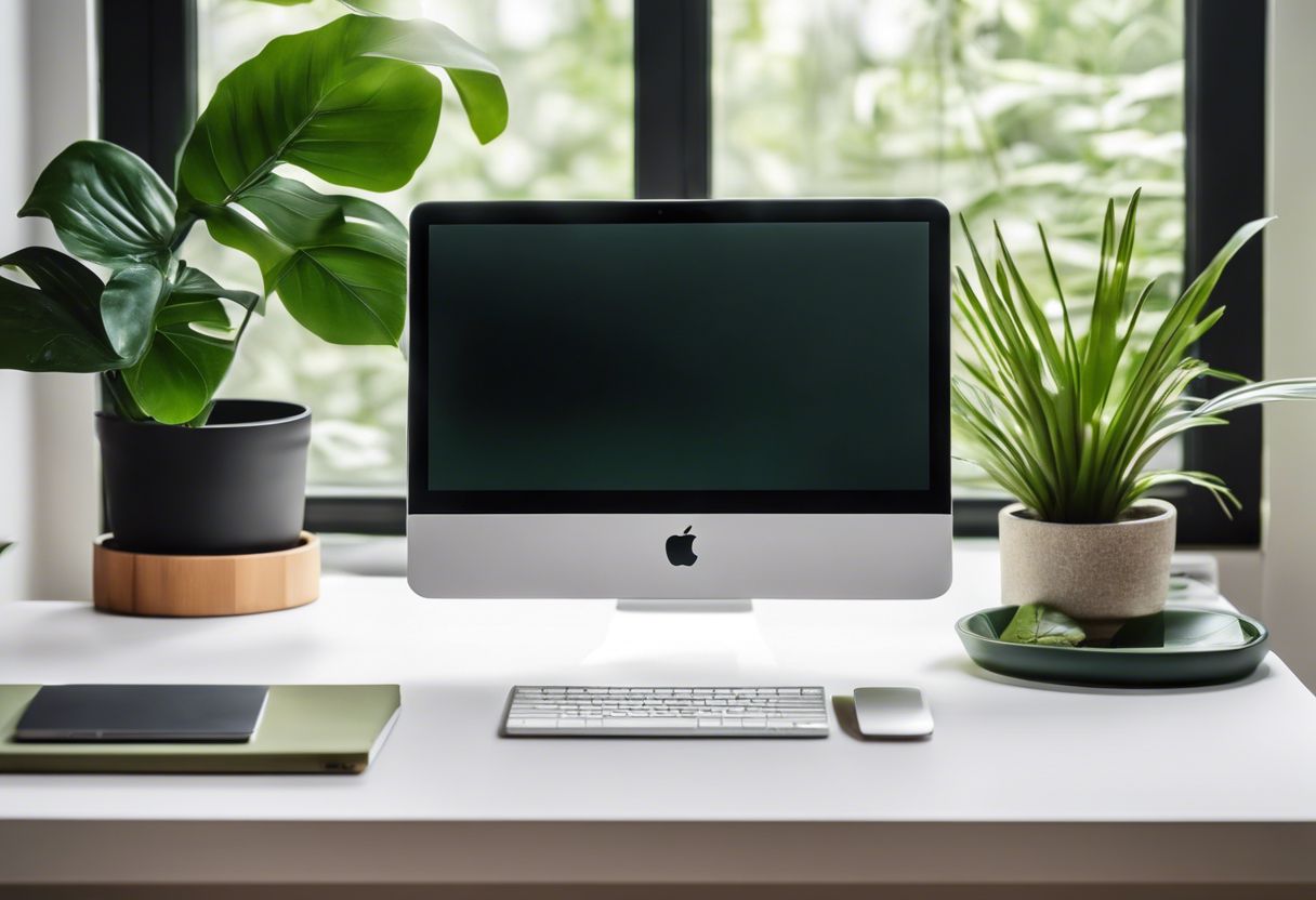 A modern laptop on a minimalistic desk surrounded by green plants, highlighting the blend of technology and nature.