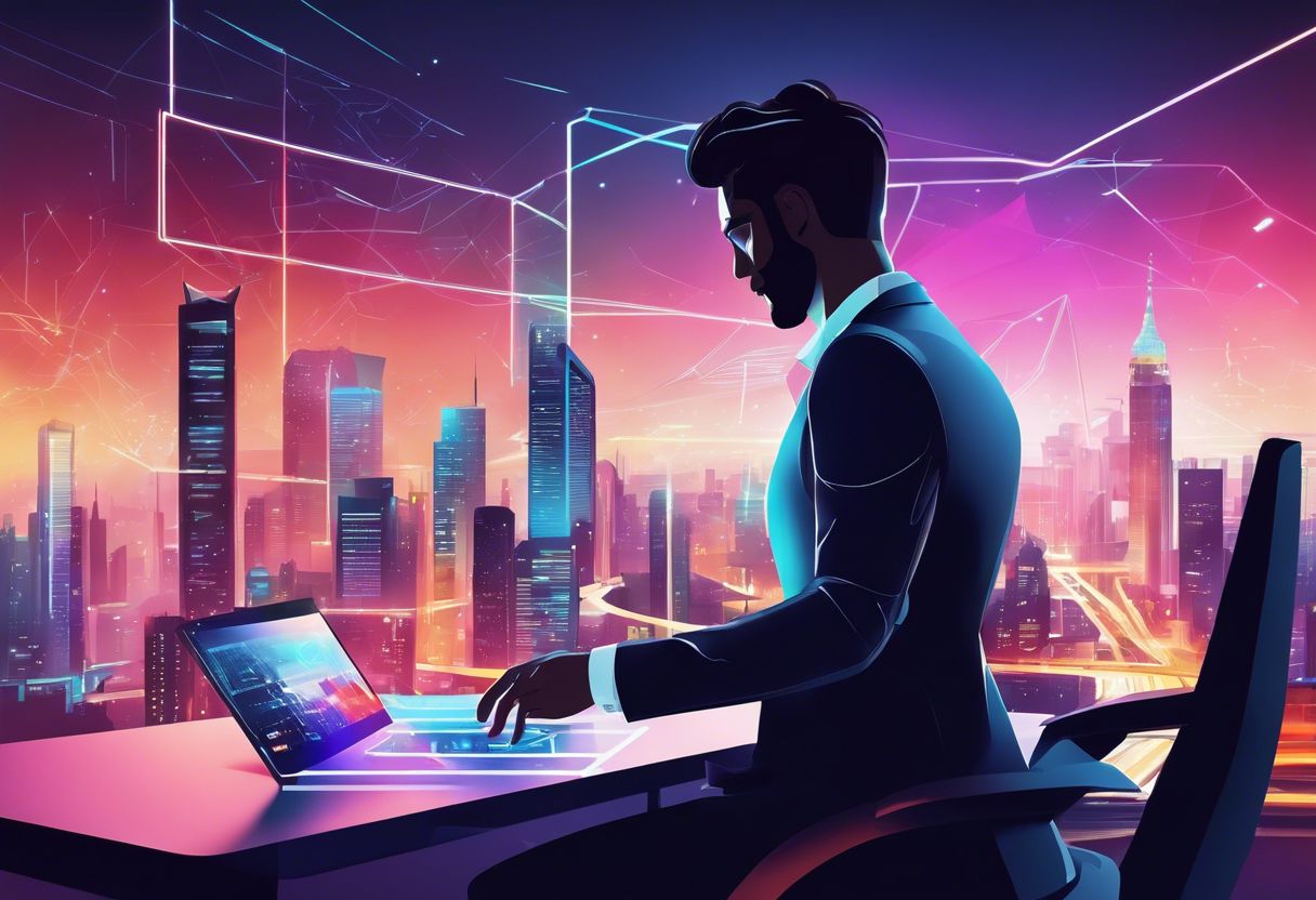 A person engages with an energetic, futuristic interface in a modern office overlooking a bustling cityscape.