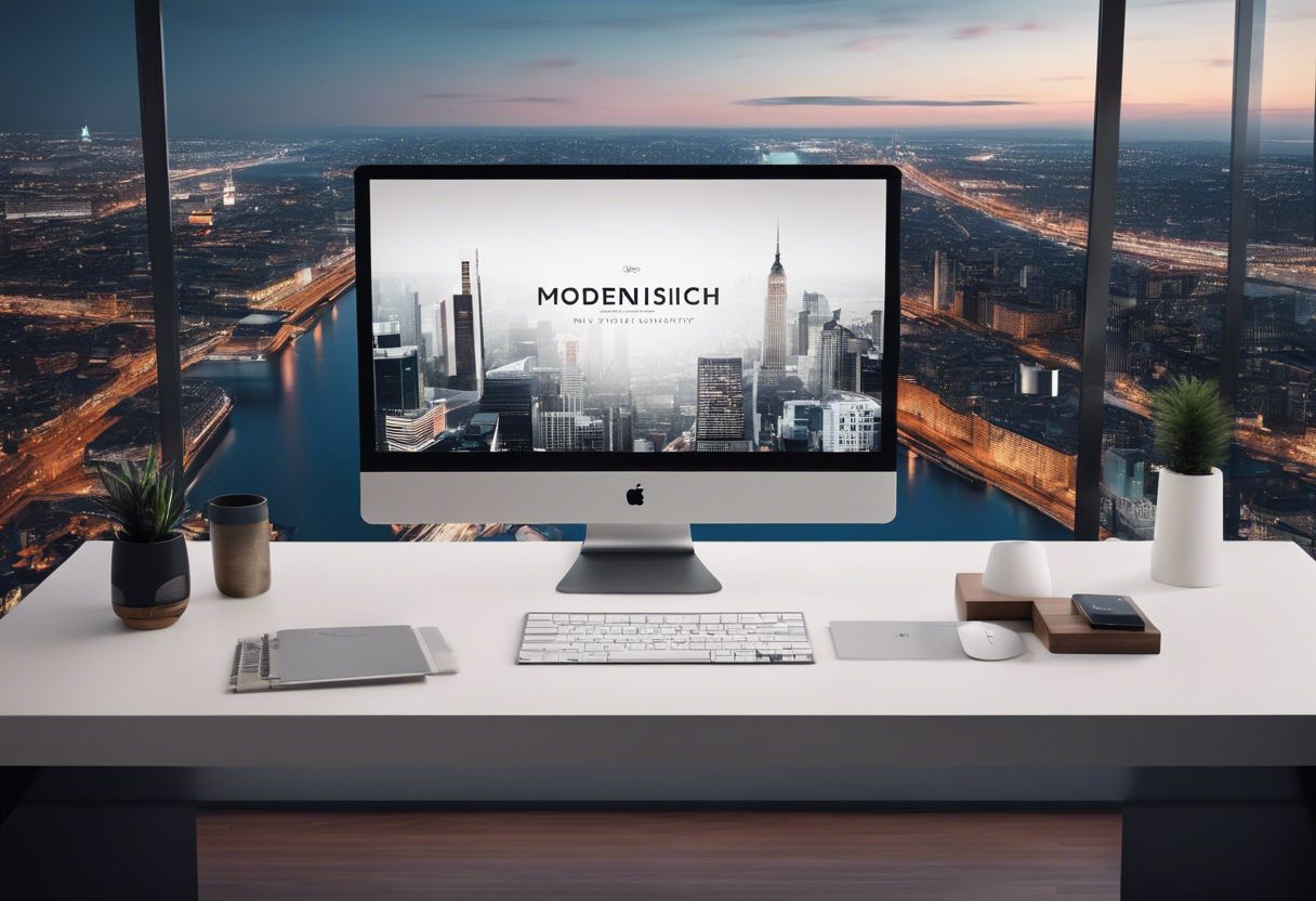 A sleek, modern typography design displayed on a minimalist desk with a cityscape background, capturing creativity and modernity.