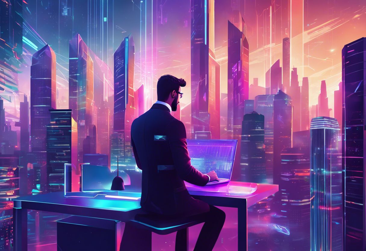 A web developer immersed in futuristic holographic technology in a vibrant city environment.