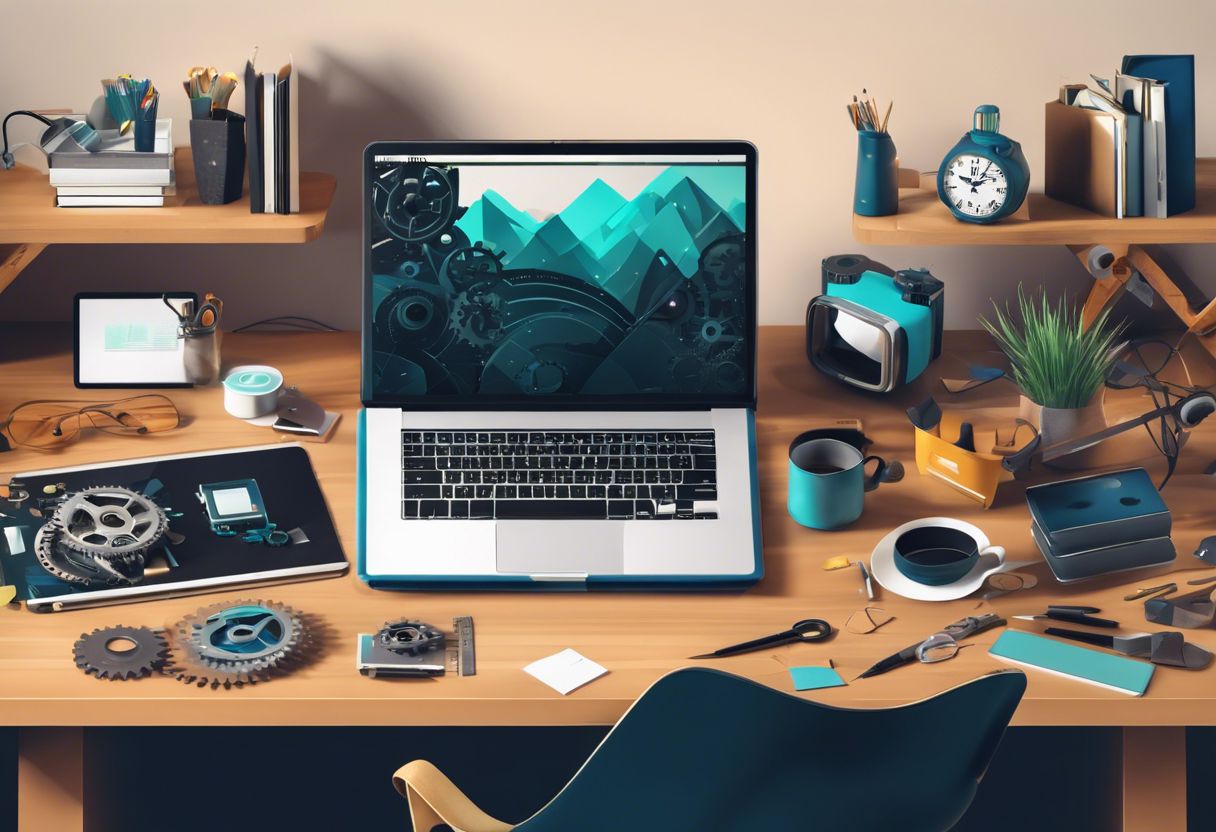 A laptop surrounded by tools and gears on a desk, showing an organized creative workspace.