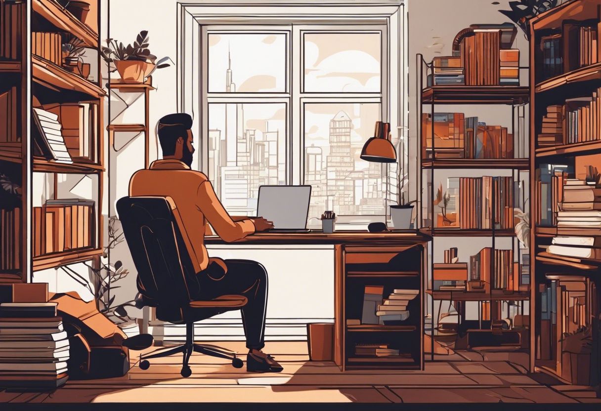 A person working in a cozy home office with a view of the cityscape.