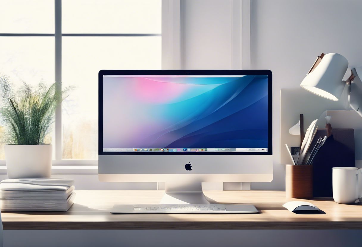 A modern laptop on a minimalist desk in a sleek office setting.