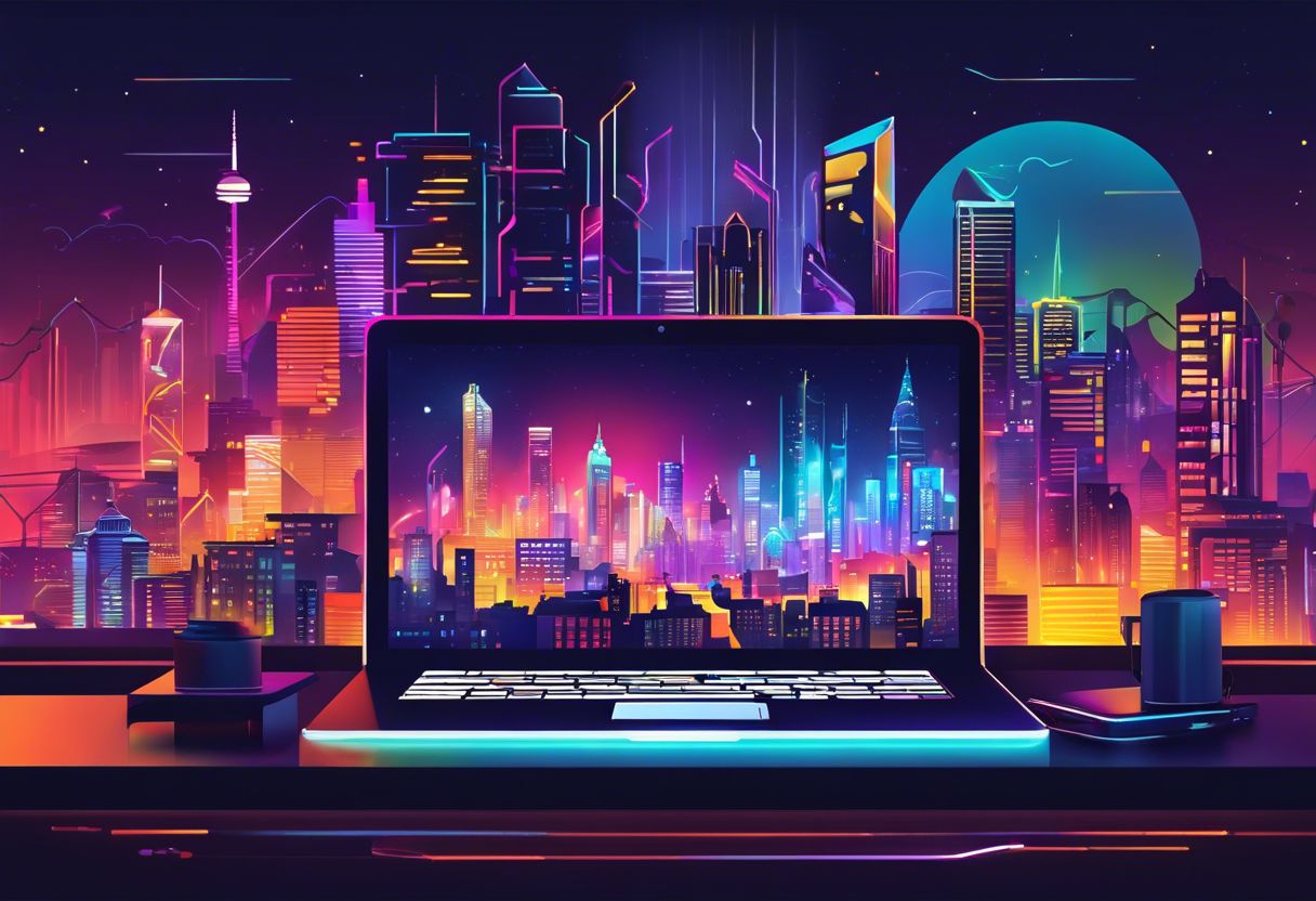 A modern laptop featuring a vibrant cityscape on the screen in a flat design style.