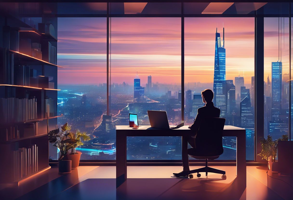 A person working on a laptop in a secure office with a city skyline view.