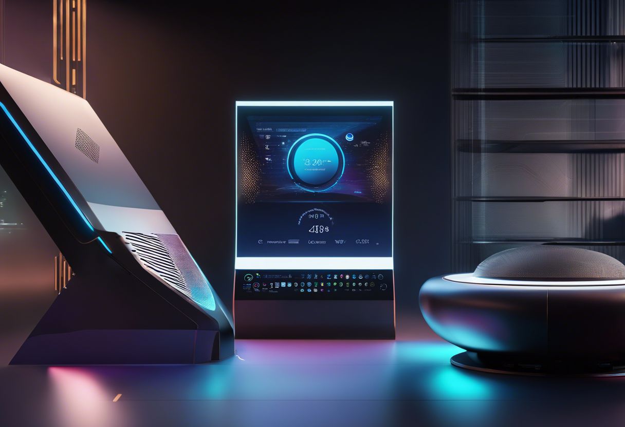 A modern voice-activated digital assistant with advanced holographic displays and seamless integration into a futuristic environment.