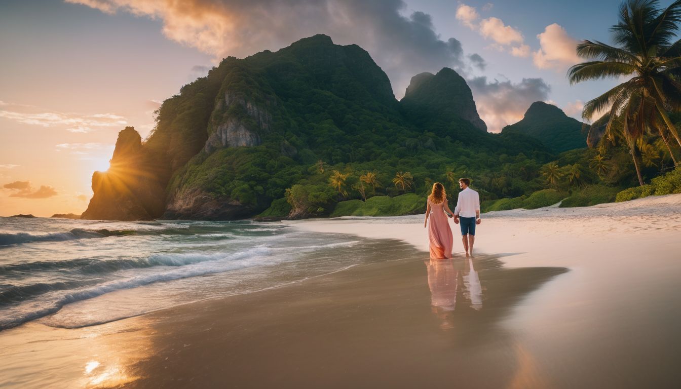 A couple holding hands on a tropical beach at sunset.