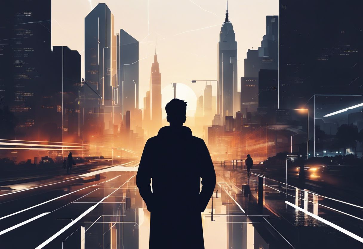 A person using a minimalistic digital interface against a city skyline.