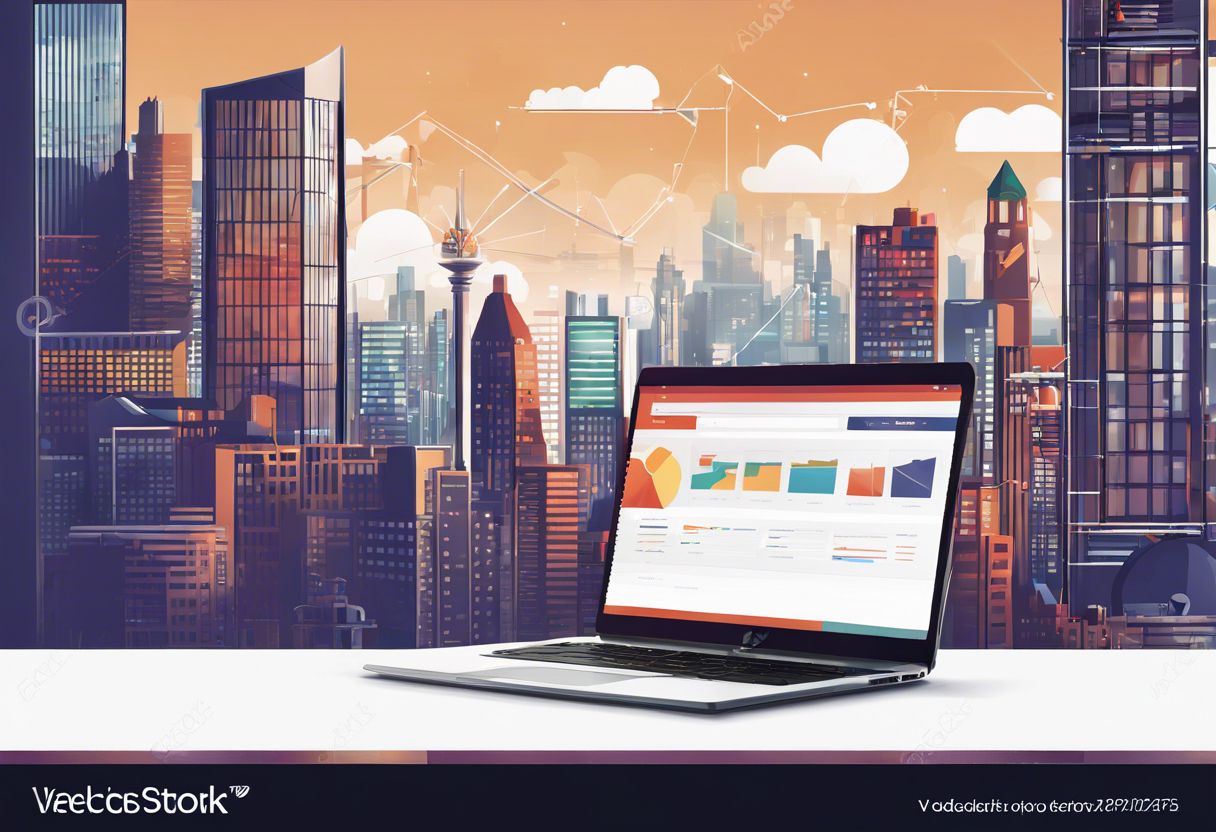A modern laptop displaying Google's algorithm changes with digital marketing tools and cityscape photography.