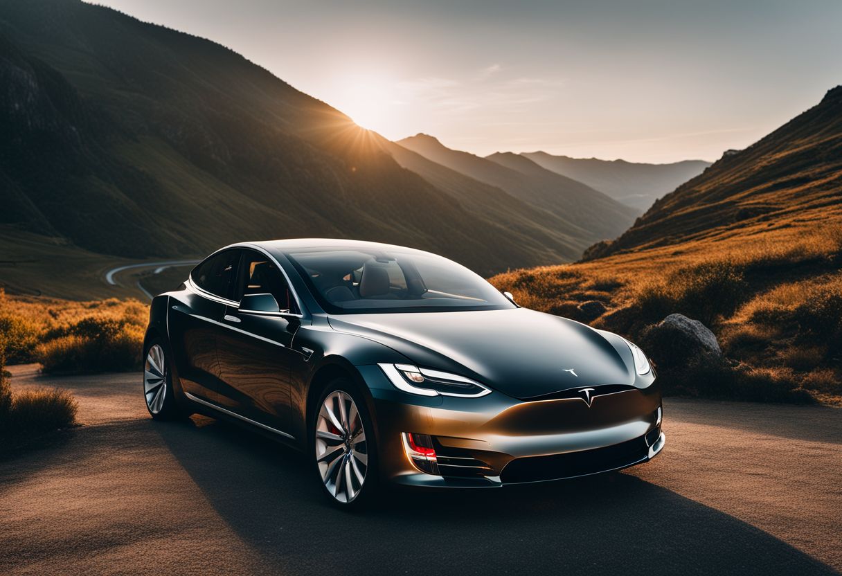 A Tesla Model car parked in a picturesque mountain landscape with different people and a bustling atmosphere.