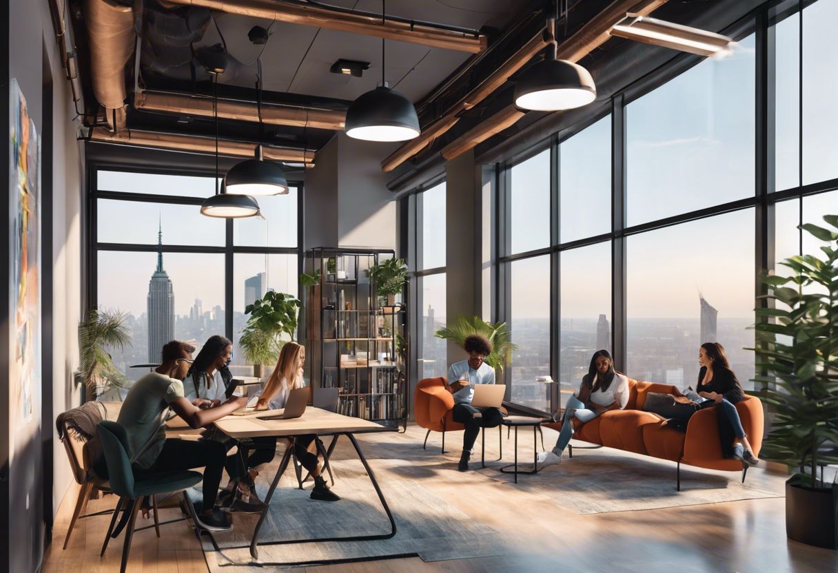 Gen Z students collaborate on a mobile app project in a modern co-working space with cityscape views.