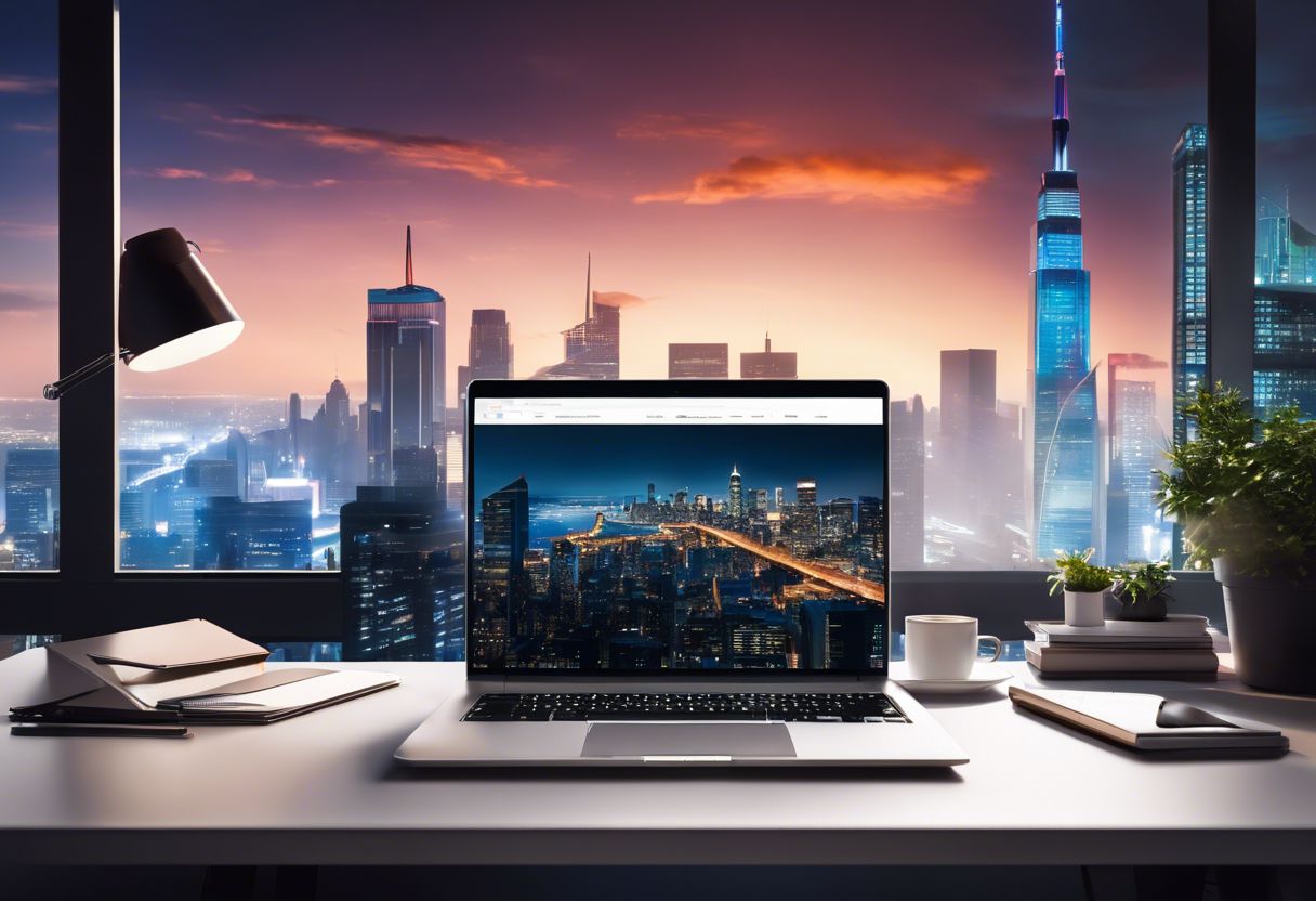 A modern laptop on a clean desk with cityscape background, emphasizing sleek design and organized workspace.