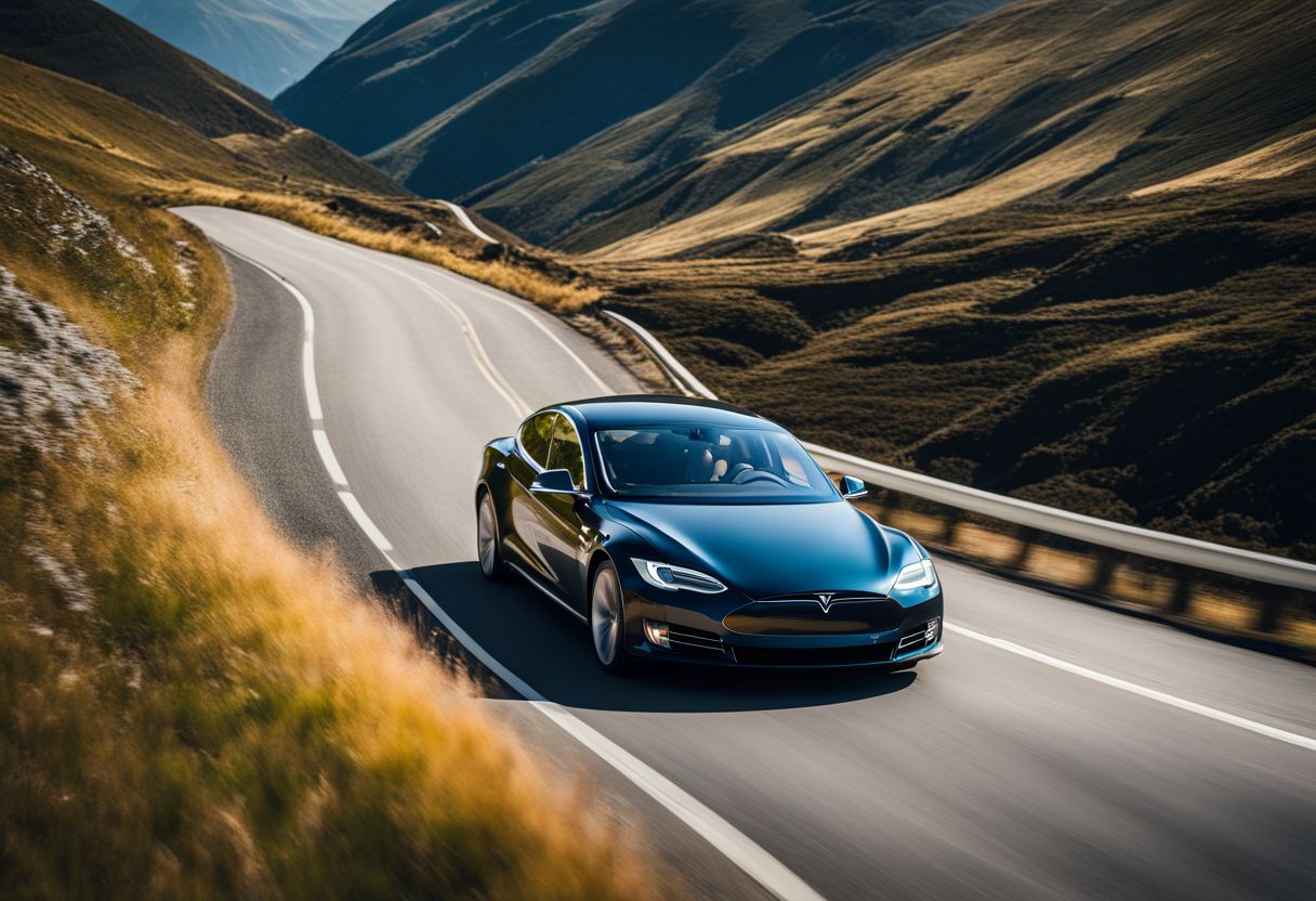 A Tesla Model S driving through a scenic mountain road with diverse passengers.