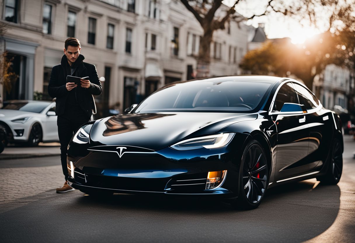A Tesla owner uses a diagnostic tool near their car in a bustling atmosphere.