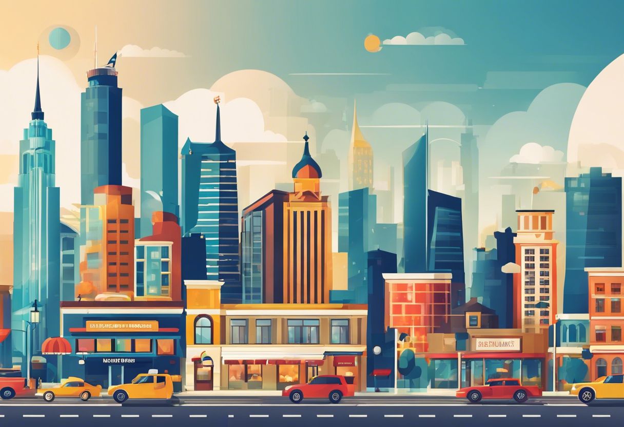 A flat design city skyline featuring prominent local businesses and diverse architecture.