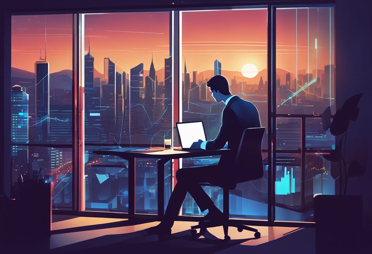 A person working on website analytics in a modern office with a city view.