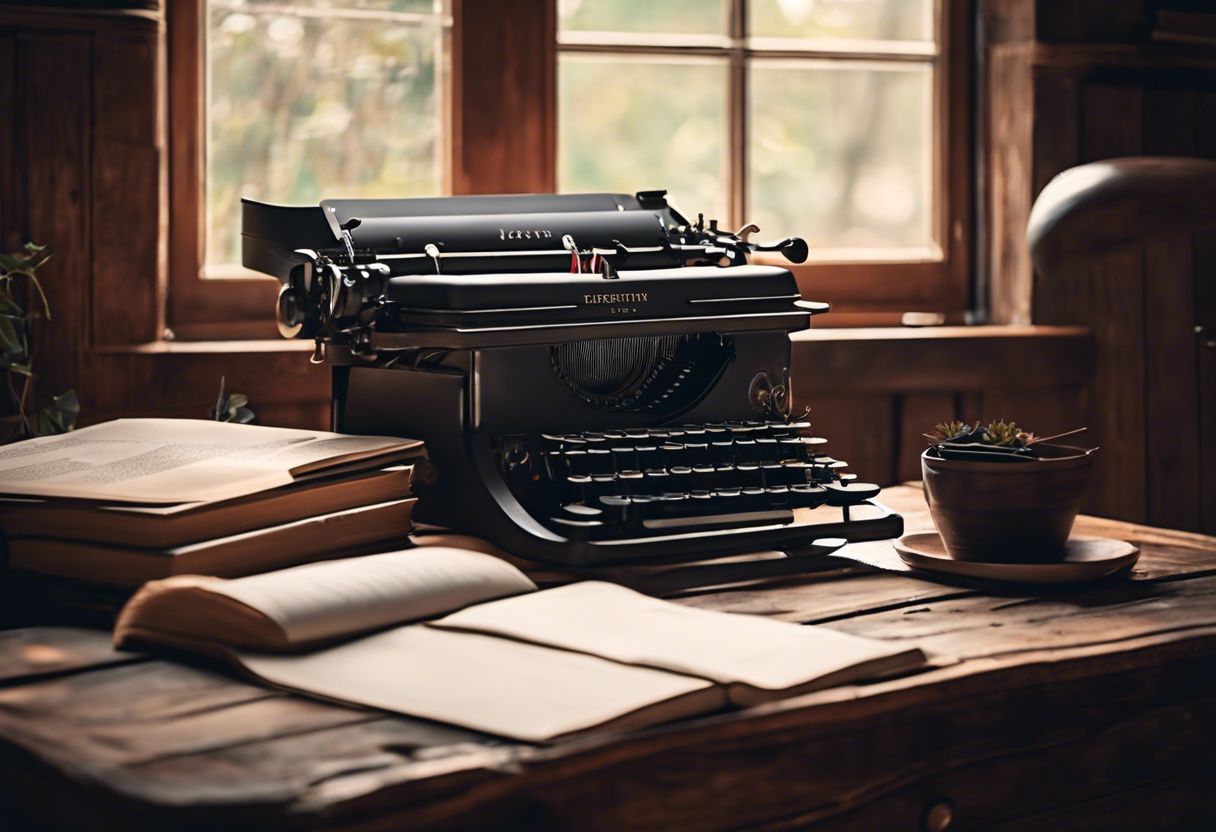 A vintage typewriter sits on a rustic desk in a cozy study with scattered books and papers.