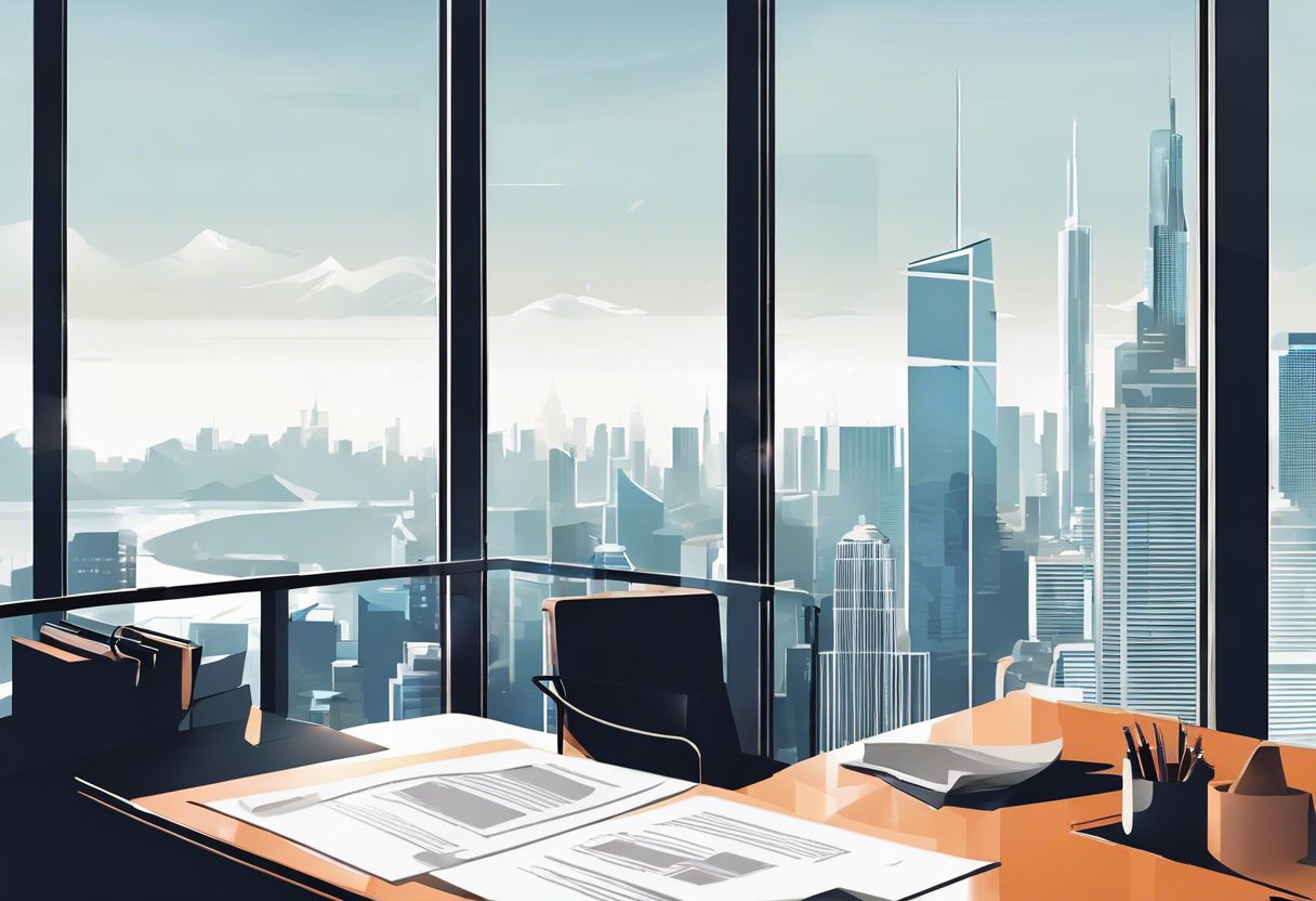 A person reviewing legal documents in a modern office with a cityscape view.