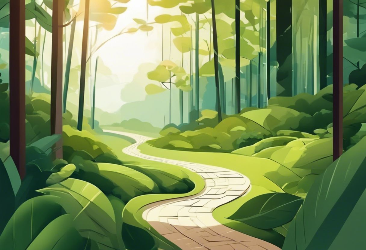A serene forest with a winding path through lush greenery.