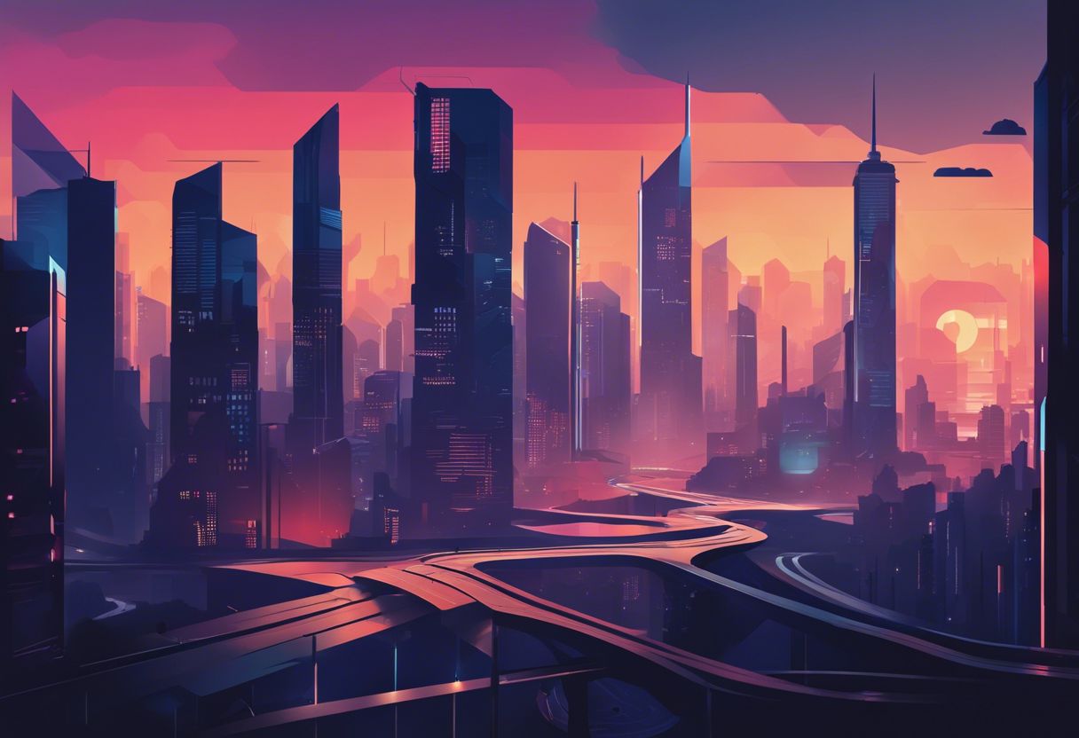 A modern city skyline with a futuristic and abstract design, captured from an aerial perspective at dusk.