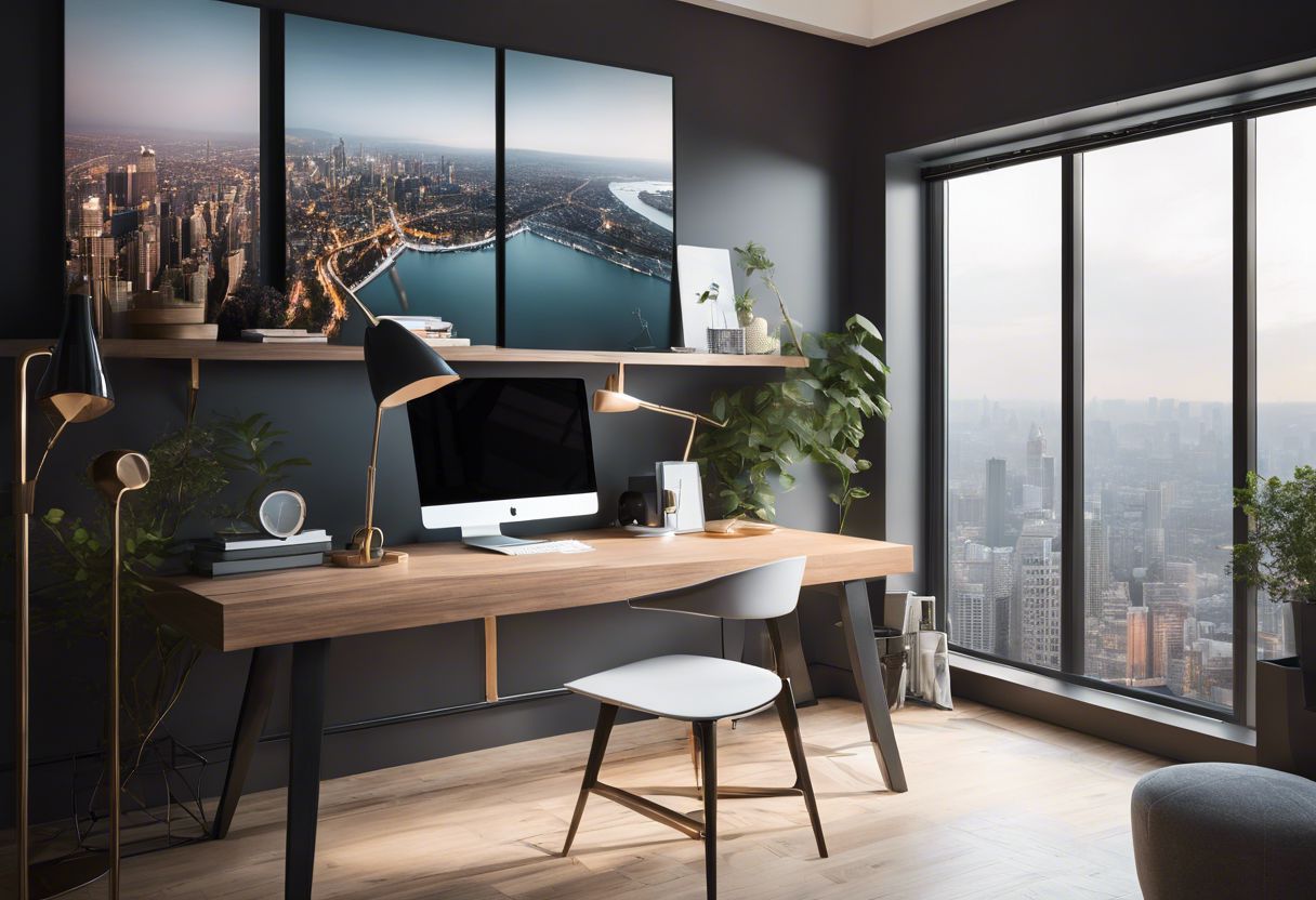 A minimalist workspace with an organized desk and modern cityscape photography creates a serene atmosphere.