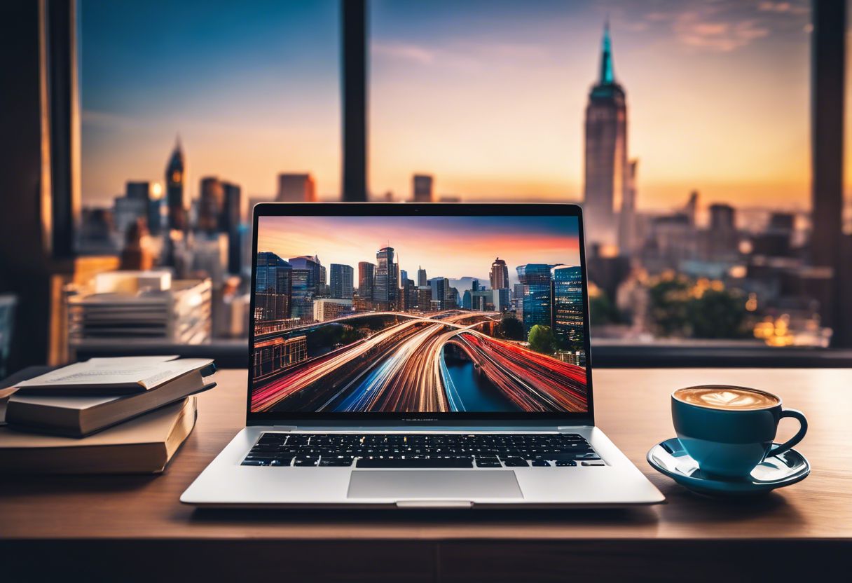 A well-organized desk workspace with a laptop, coffee, marketing books, and cityscape photography.