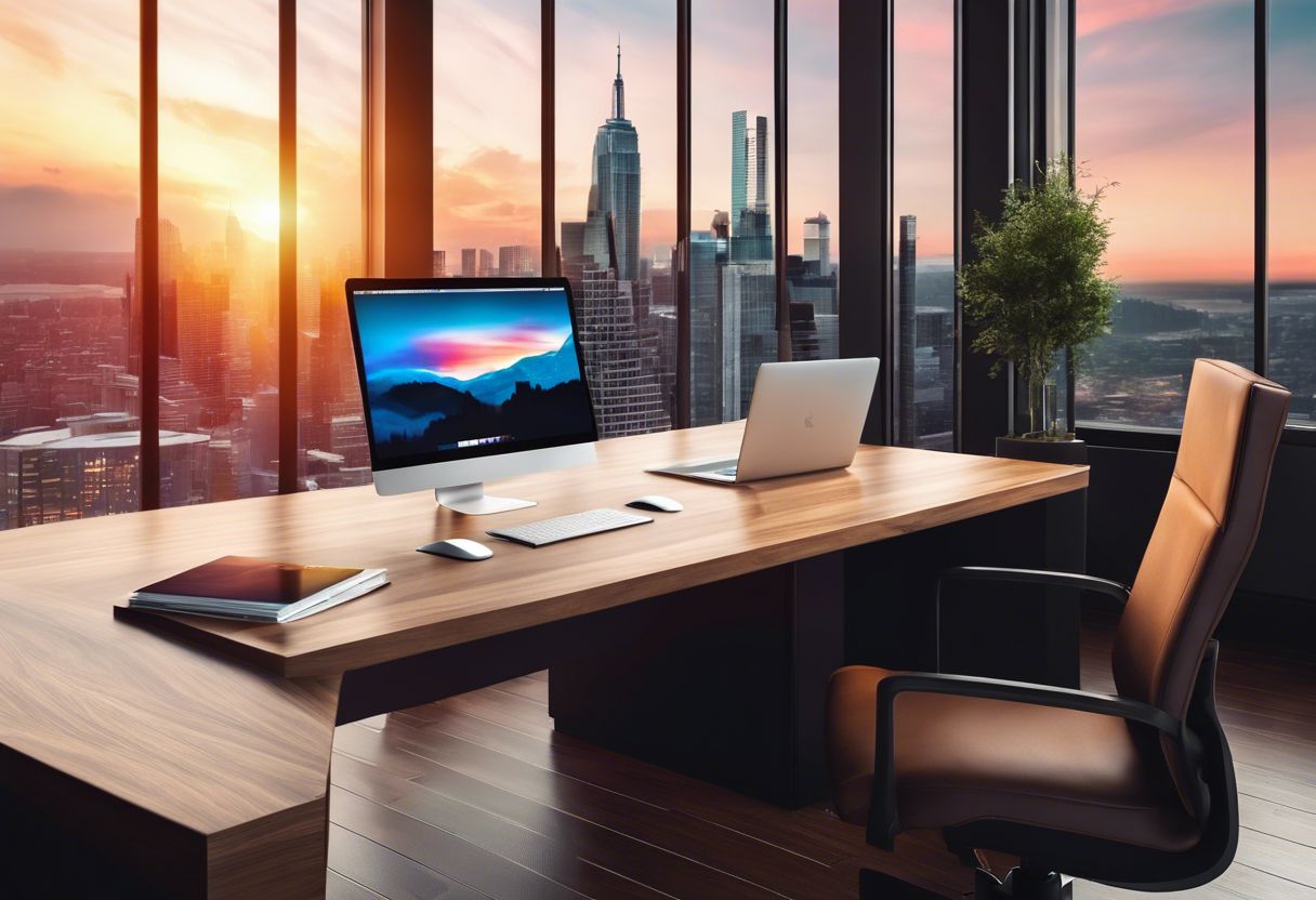 A modern office desk with a laptop displaying a colorful cityscape wallpaper and a panoramic city view through large windows.