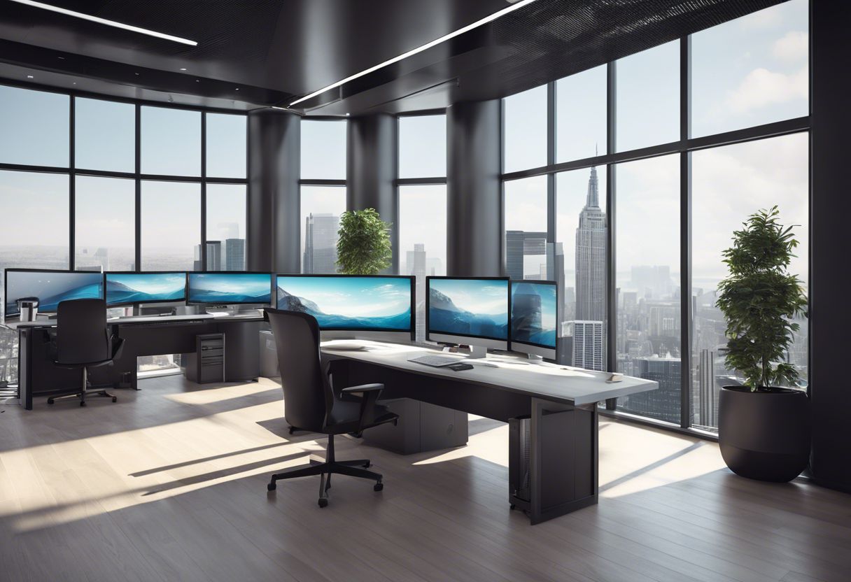 A modern office workspace with multiple computer screens, servers, and a professional atmosphere.