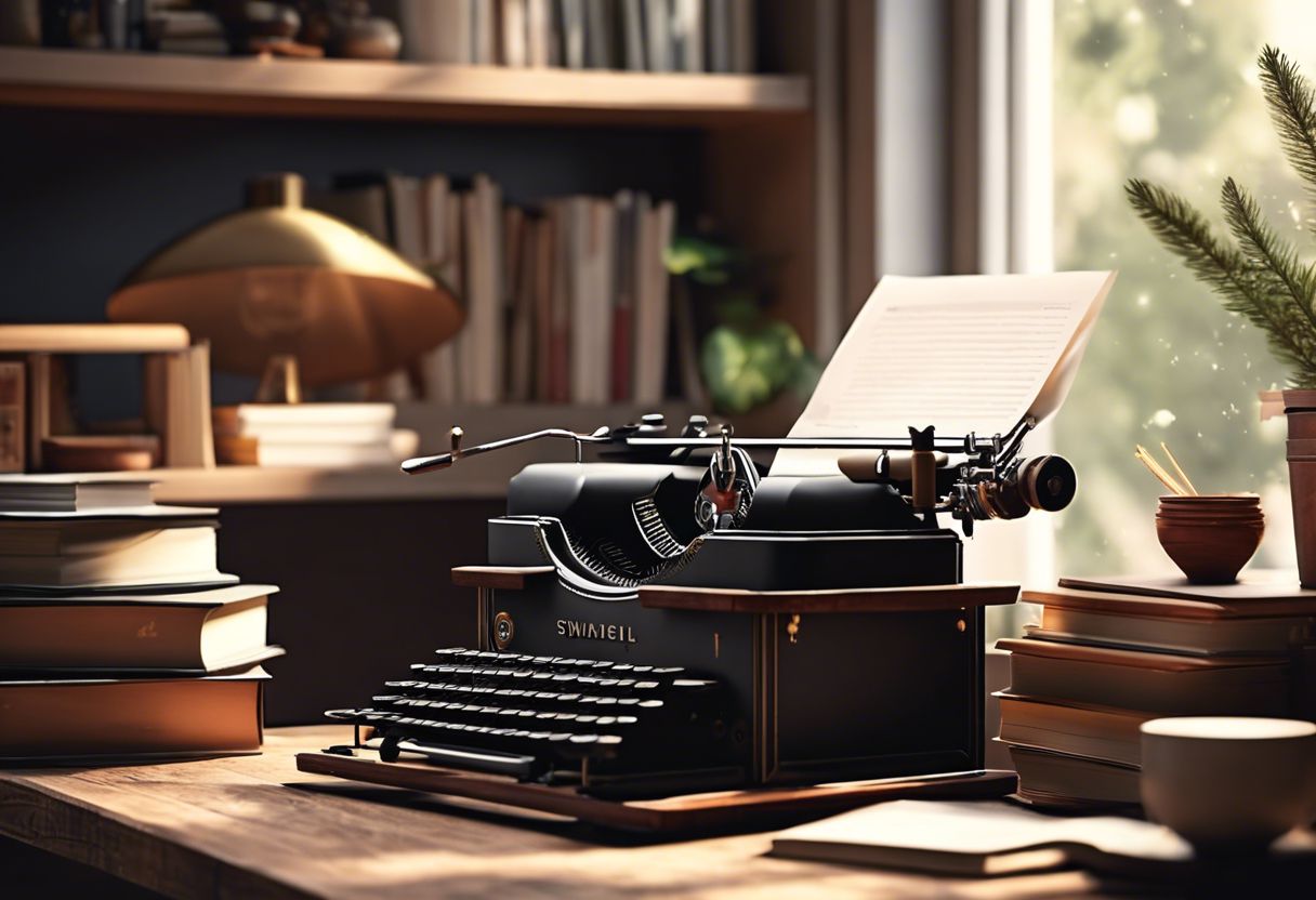 A vintage typewriter on a cozy home office desk, surrounded by books and papers.