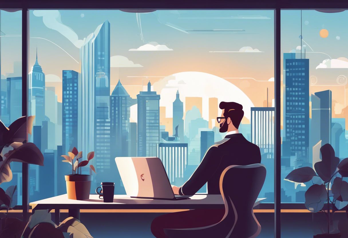 A business owner analyzes search rankings in a modern office with a city view.