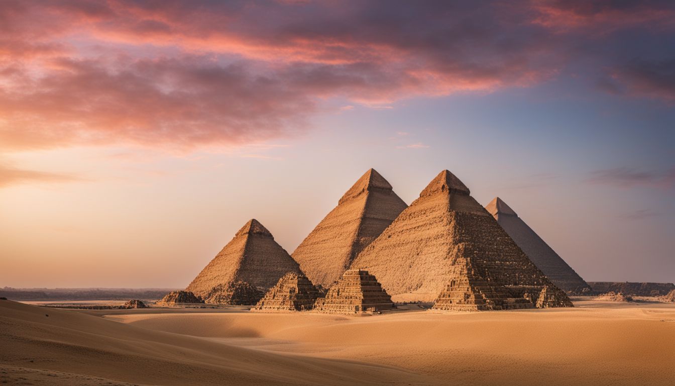 The Great Pyramids at sunrise, showcasing diverse people, outfits, and bustling atmosphere.