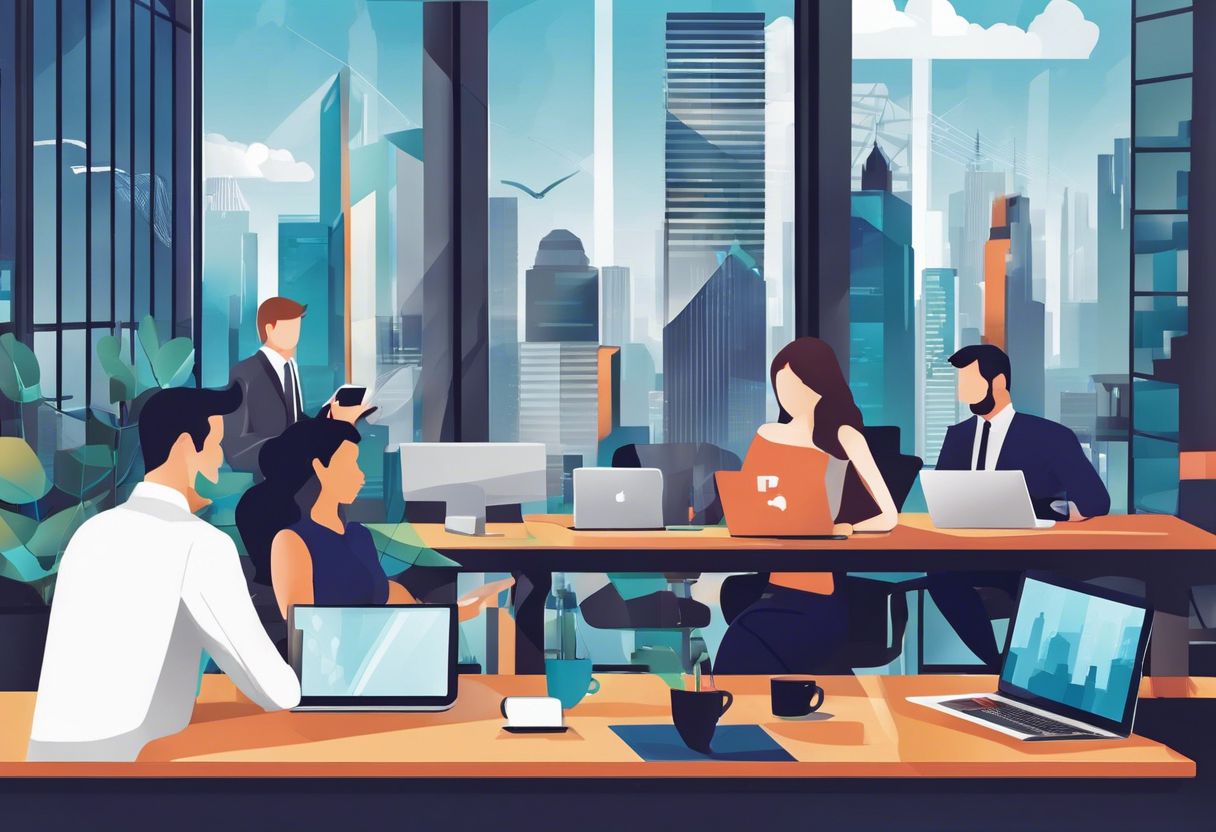 A diverse group of people using different devices in a modern office with a cityscape background.