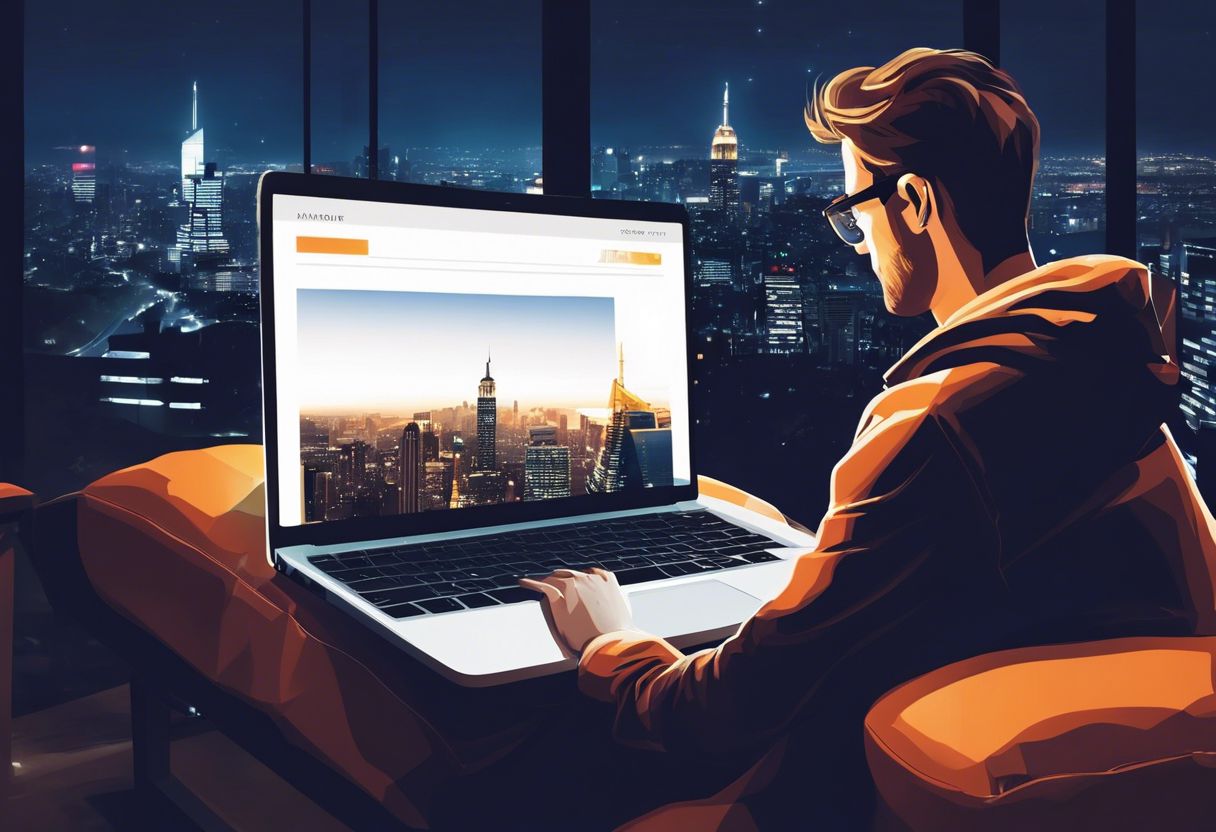 A person browsing a website on a laptop while sitting on a sofa overlooking a city skyline at night.