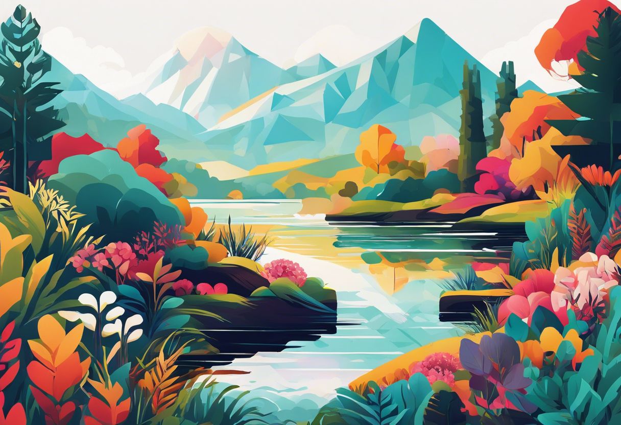 A vibrant and detailed landscape with a focus on flora and fauna, conveying depth and movement.