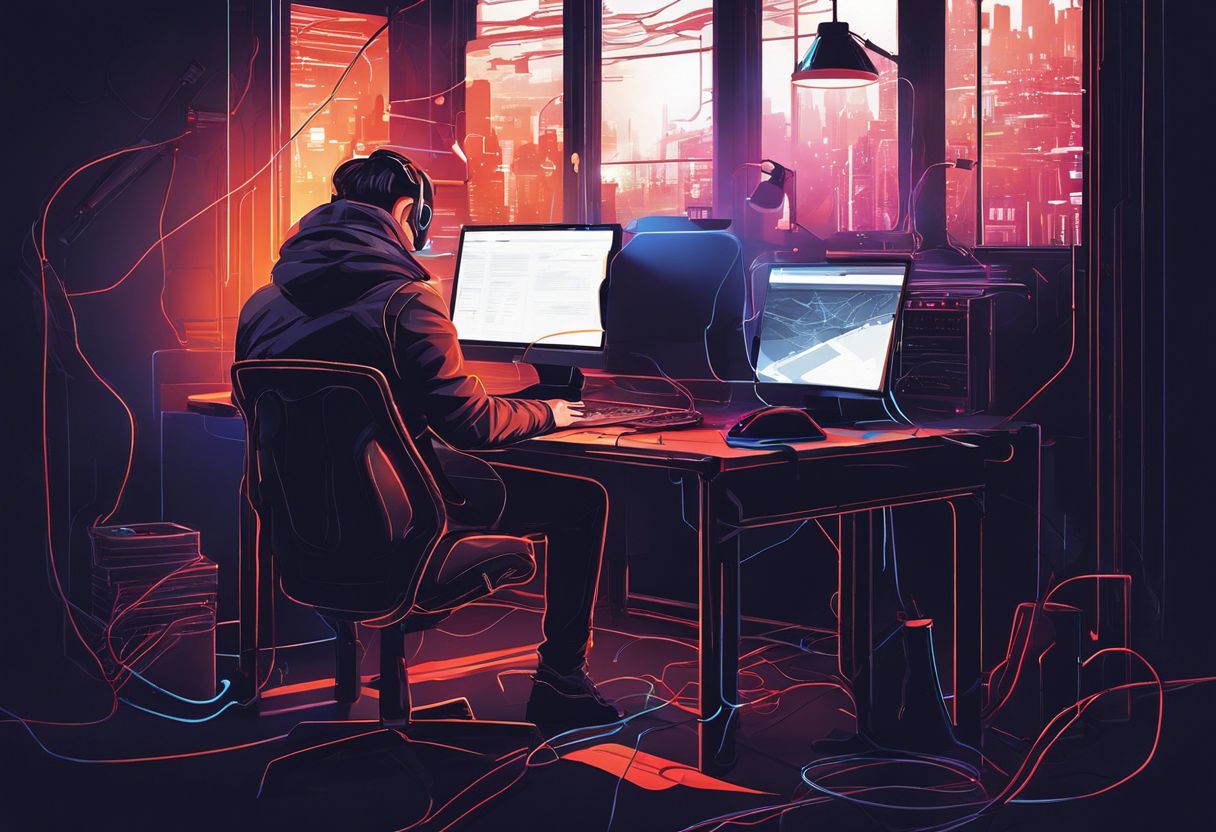 A hacker sits in a room surrounded by glowing computer screens, typing on a laptop.