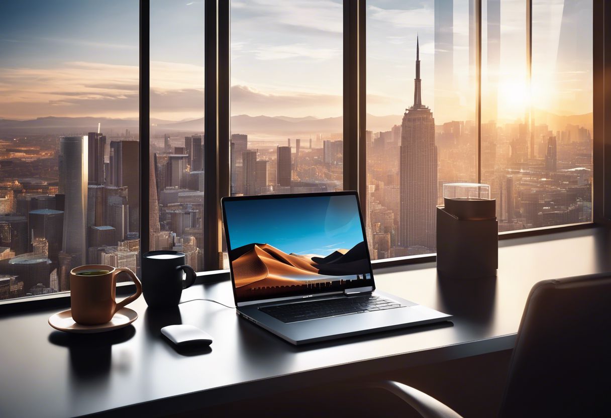 A laptop with a cup of coffee on a modern desk in a city office.